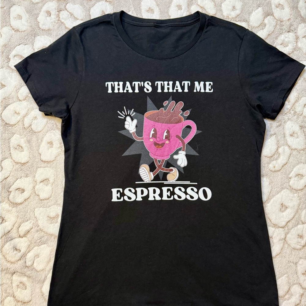 Black Graphic Espresso Tee with Pink Cup